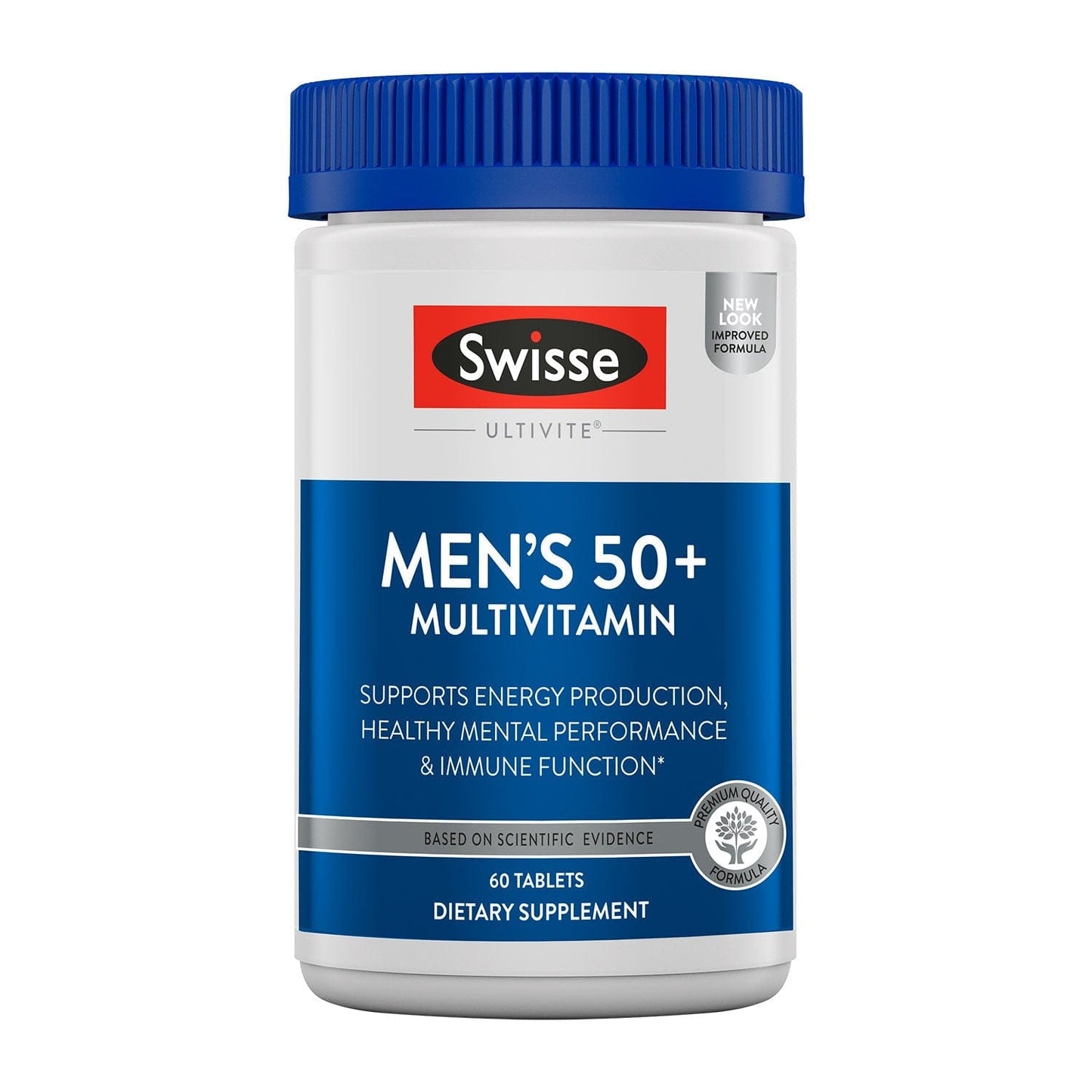 Swisse Men's 50+ Multivitamin bottle with blue label and blue cap.