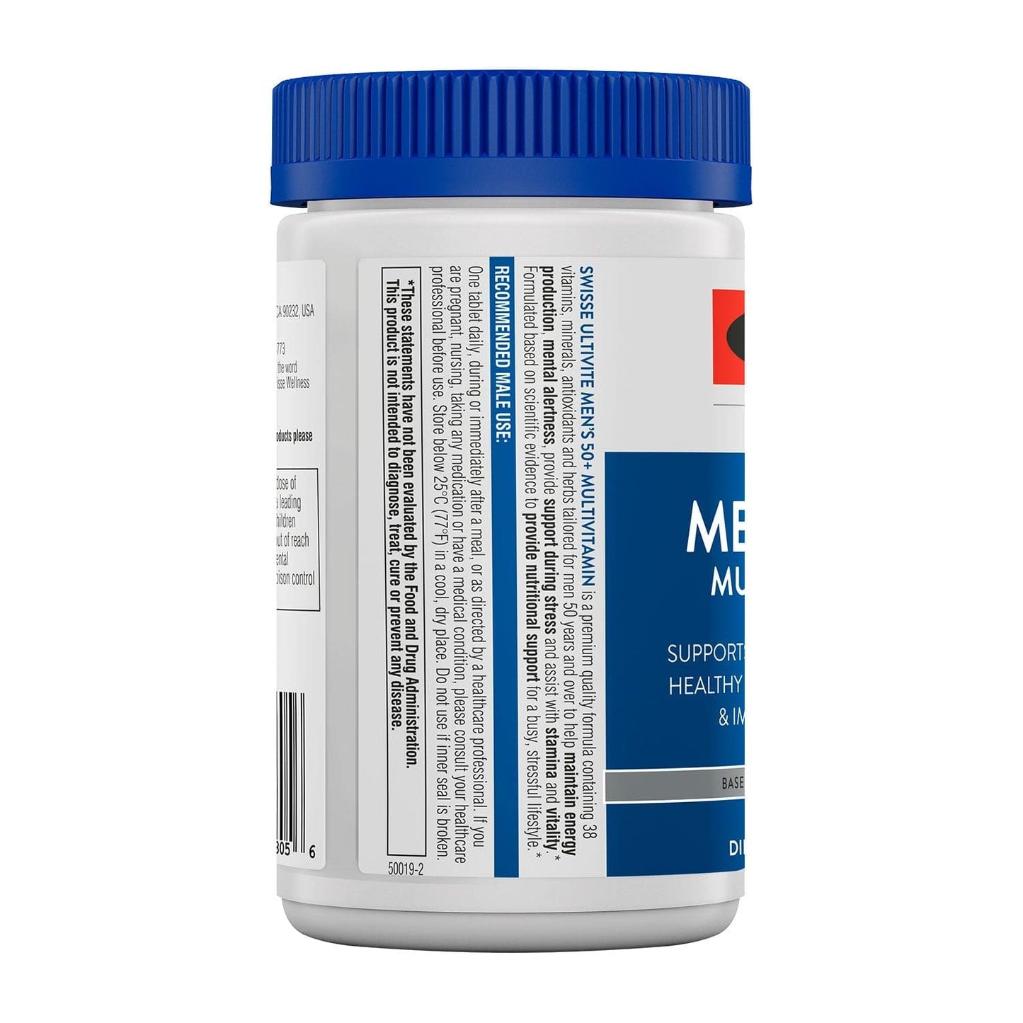 Side view of Swisse Men's 50+ Multivitamin bottle showing label text.