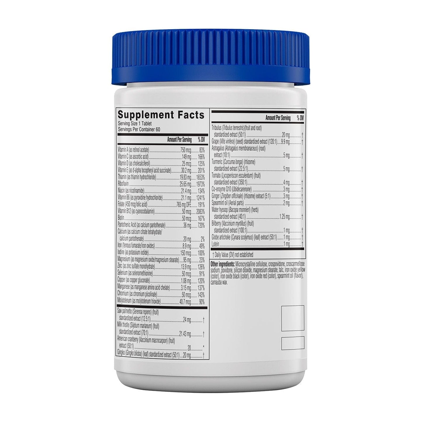 Back view of Swisse Men's 50+ Multivitamin bottle showing directions and ingredients.
