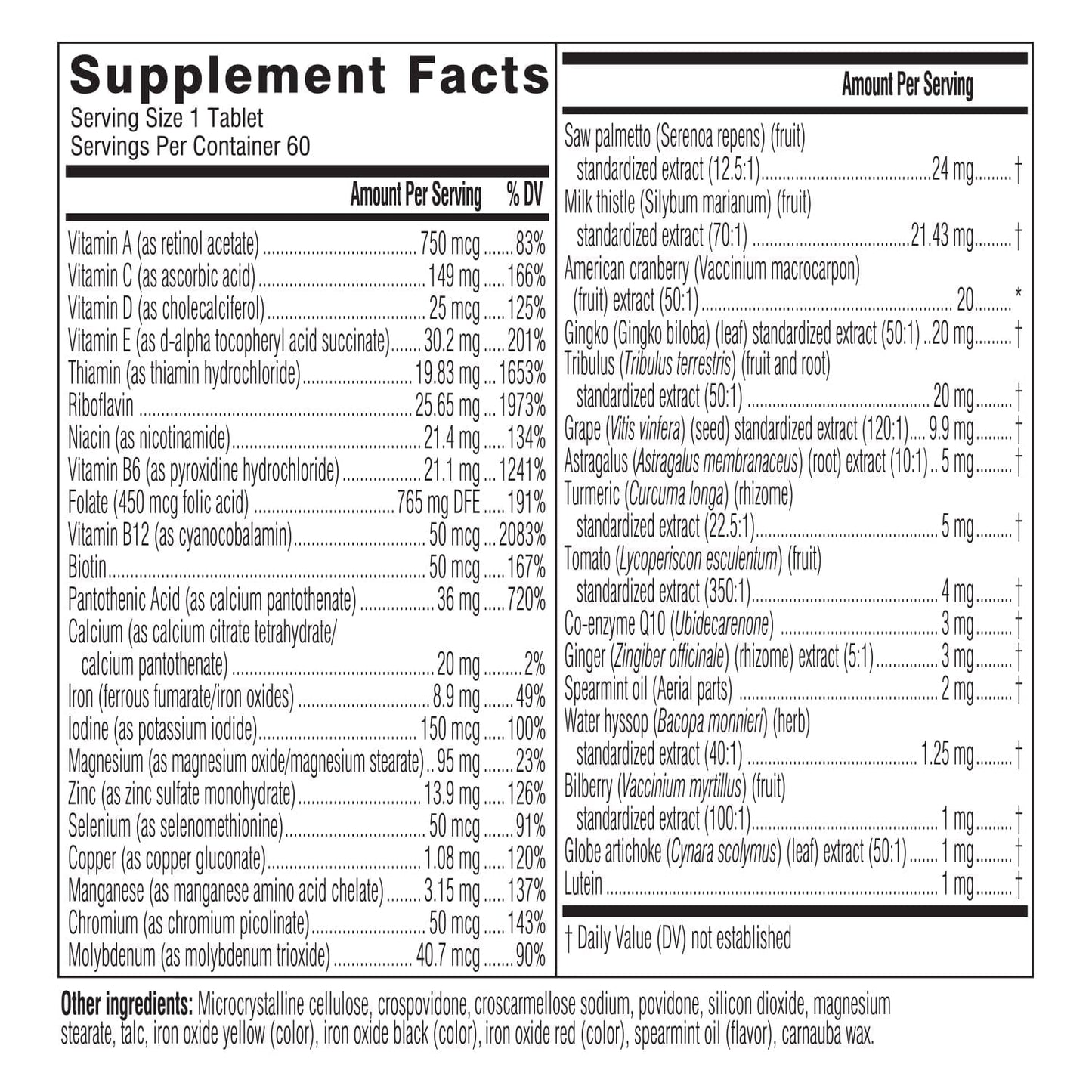 Supplement facts panel for Swisse Men's 50+ Multivitamin.