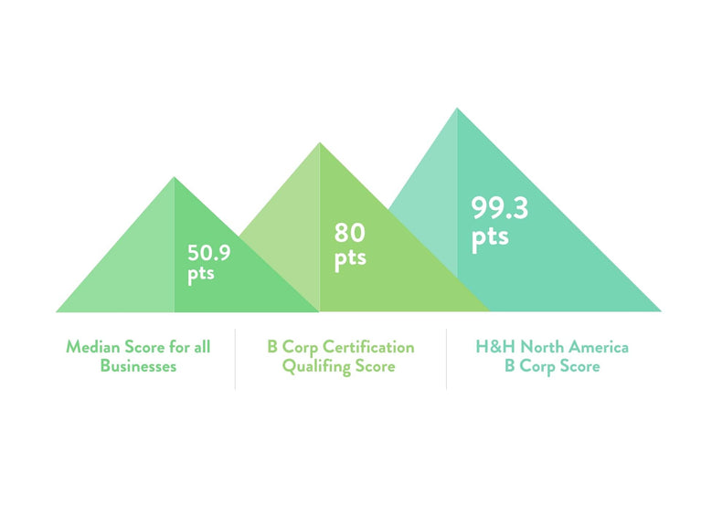 Infographic comparing B Corp assessment scores: Median score for all businesses is 50.9 points, B Corp certification qualifying score is 80 points, and H&H North America's B Corp score is 99.3 points, shown as three ascending triangles.