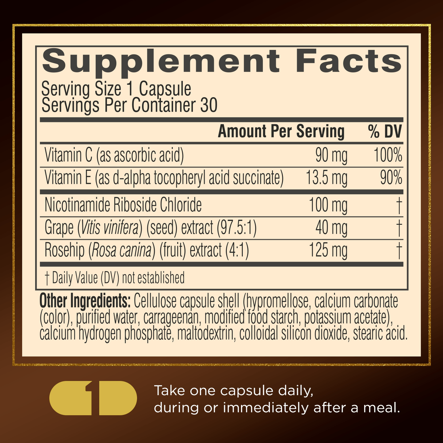 Supplement facts panel for Swisse NAD+ Beauty Restore with dosage instruction.