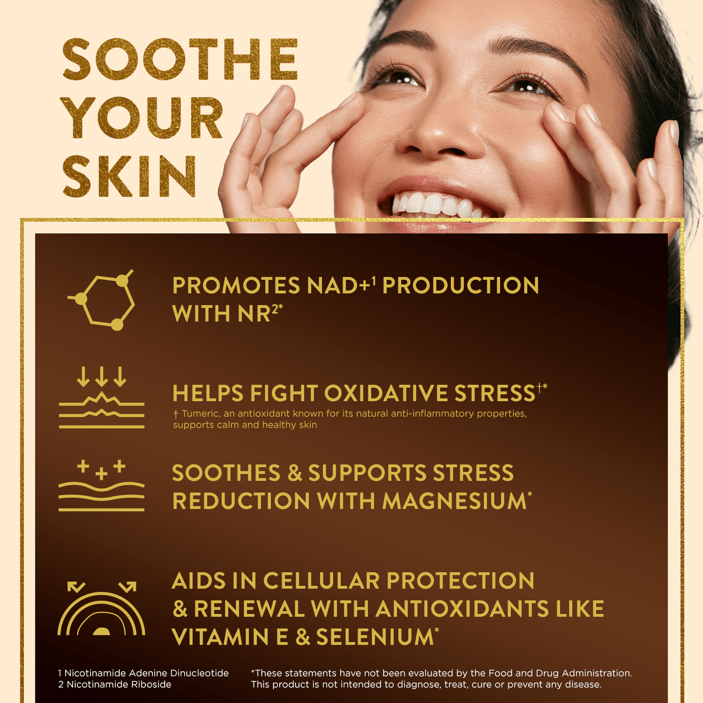 Swisse NAD+ Calm Skin benefit card titled 'Soothe Your Skin' next to a smiling woman.