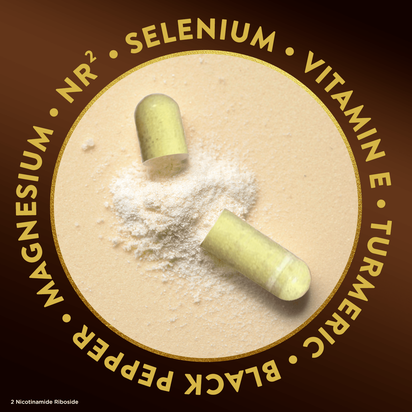 Yellow capsules on a beige powder background labeled with ingredients like turmeric and selenium.