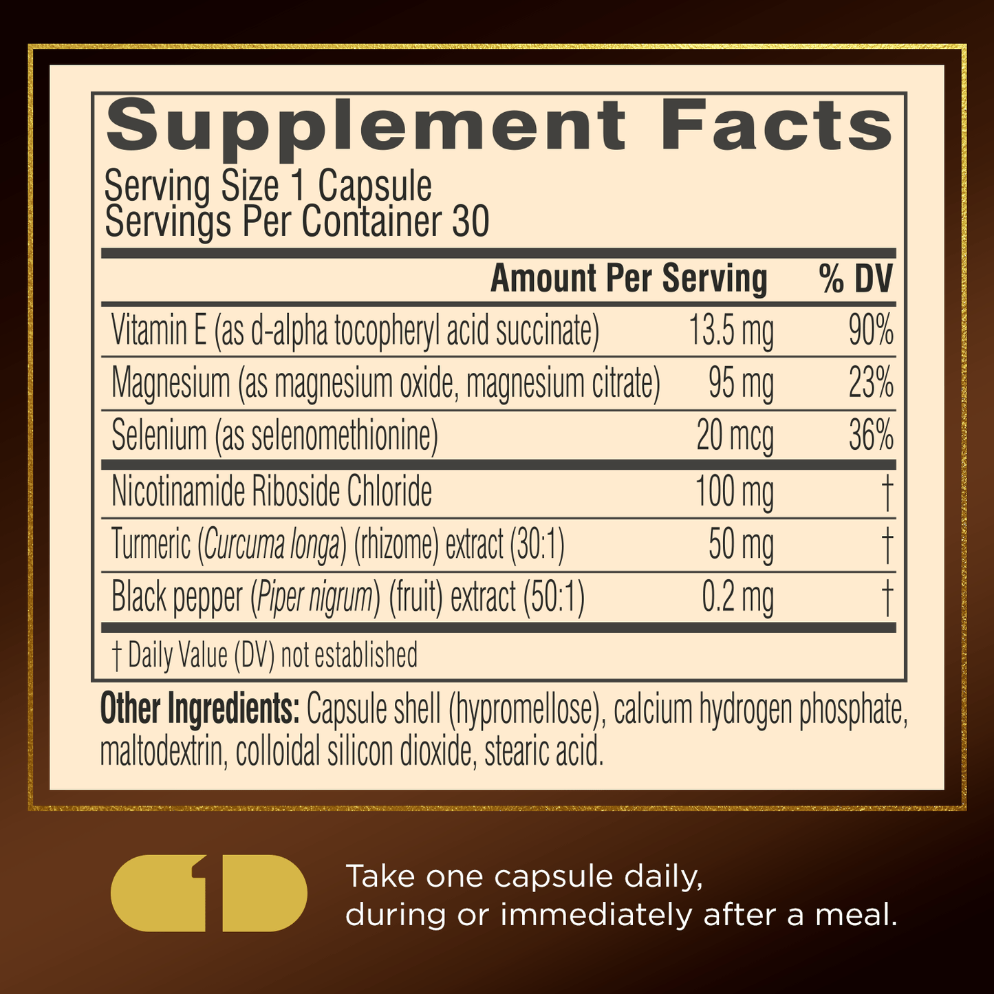 Supplement facts panel for Swisse NAD+ Calm Skin with dosage instruction.