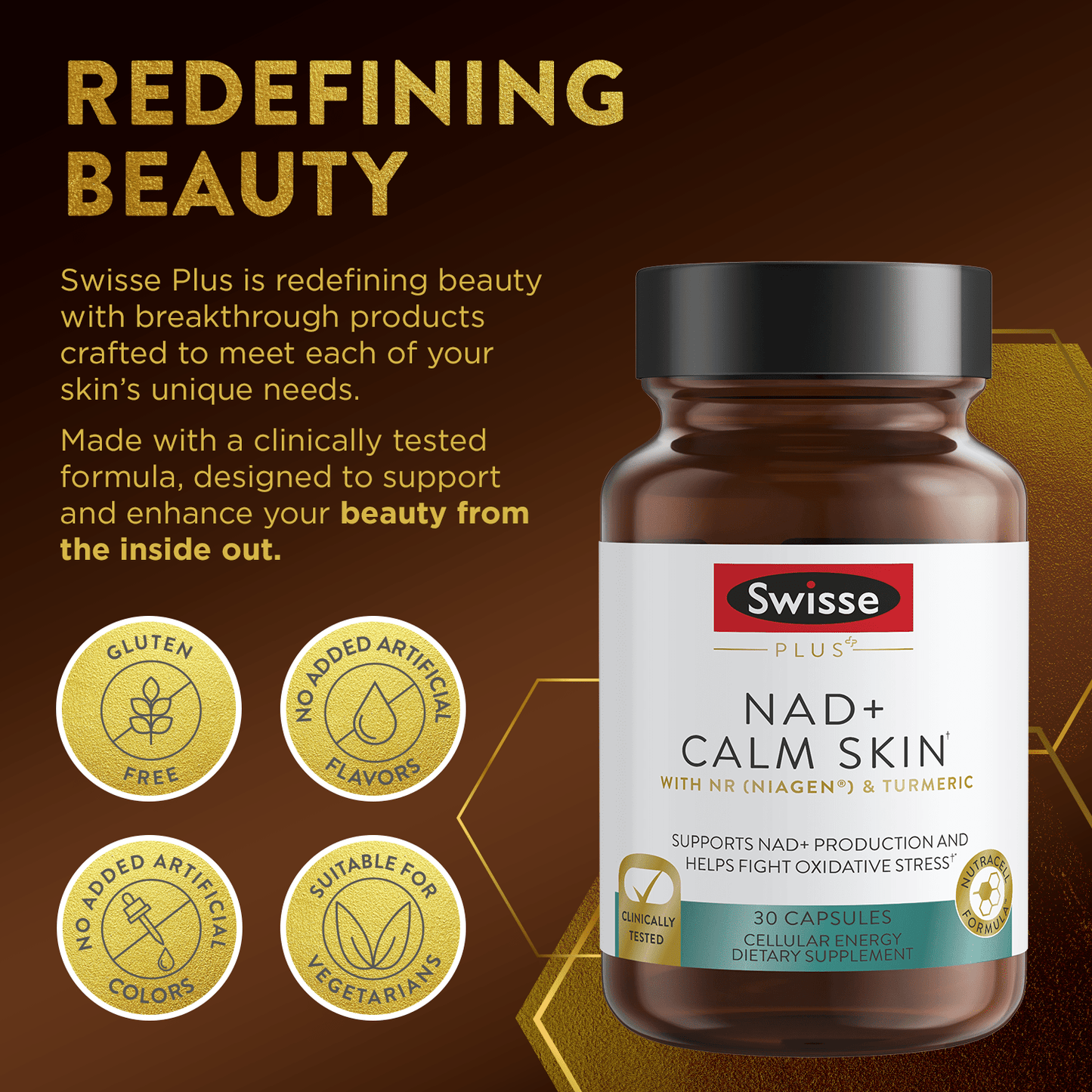 Swisse NAD+ Calm Skin bottle with gold medals and text reading 'Redefining Beauty.