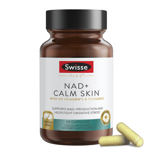 Swisse NAD+ Calm Skin bottle with yellow capsules beside it.