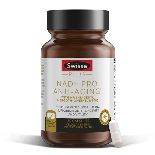 Swisse plus supplement bottle labeled 'NAD+ Pro Anti-Aging' on a white background
