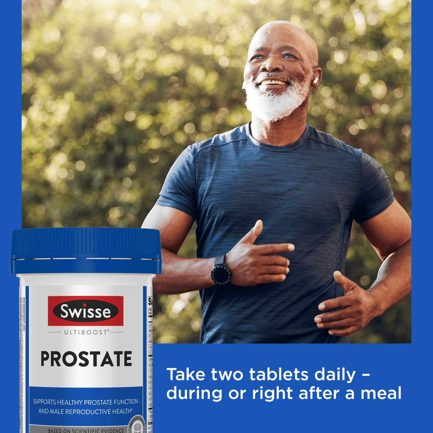 Man giving a thumbs up outdoors next to Swisse Prostate bottle.