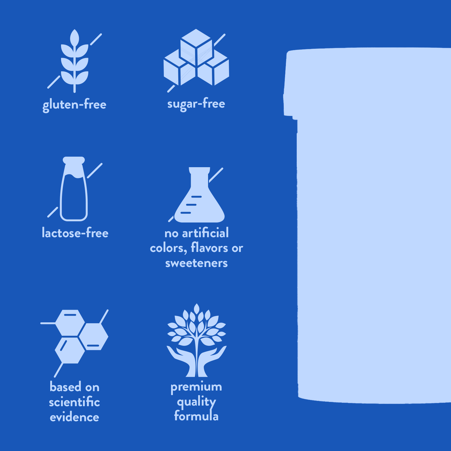 Icons listing Swisse Prostate as gluten-free, sugar-free, lactose-free, non-GMO, and based on scientific evidence.