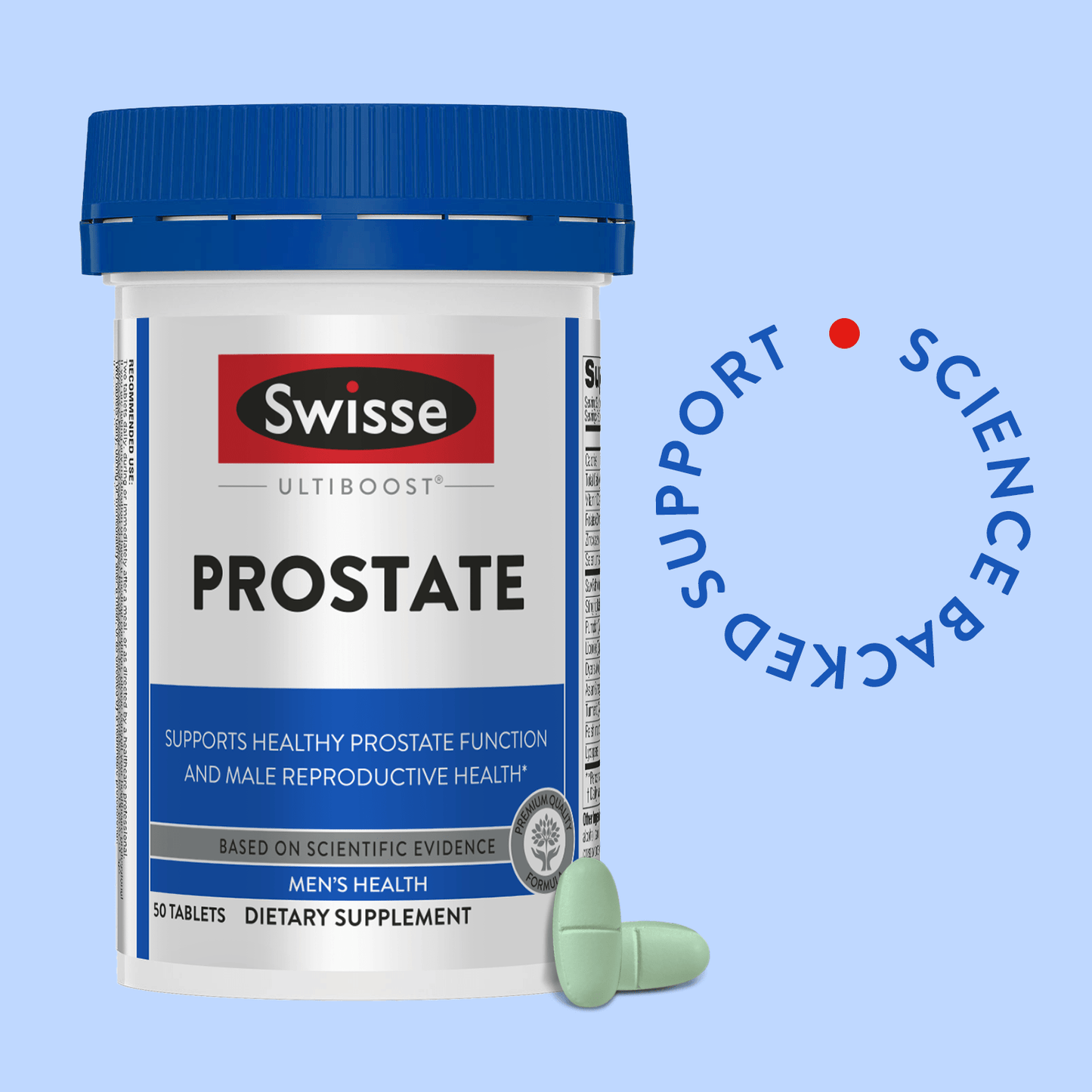 Swisse Prostate supplement bottle with blue cap and two green tablets beside it.