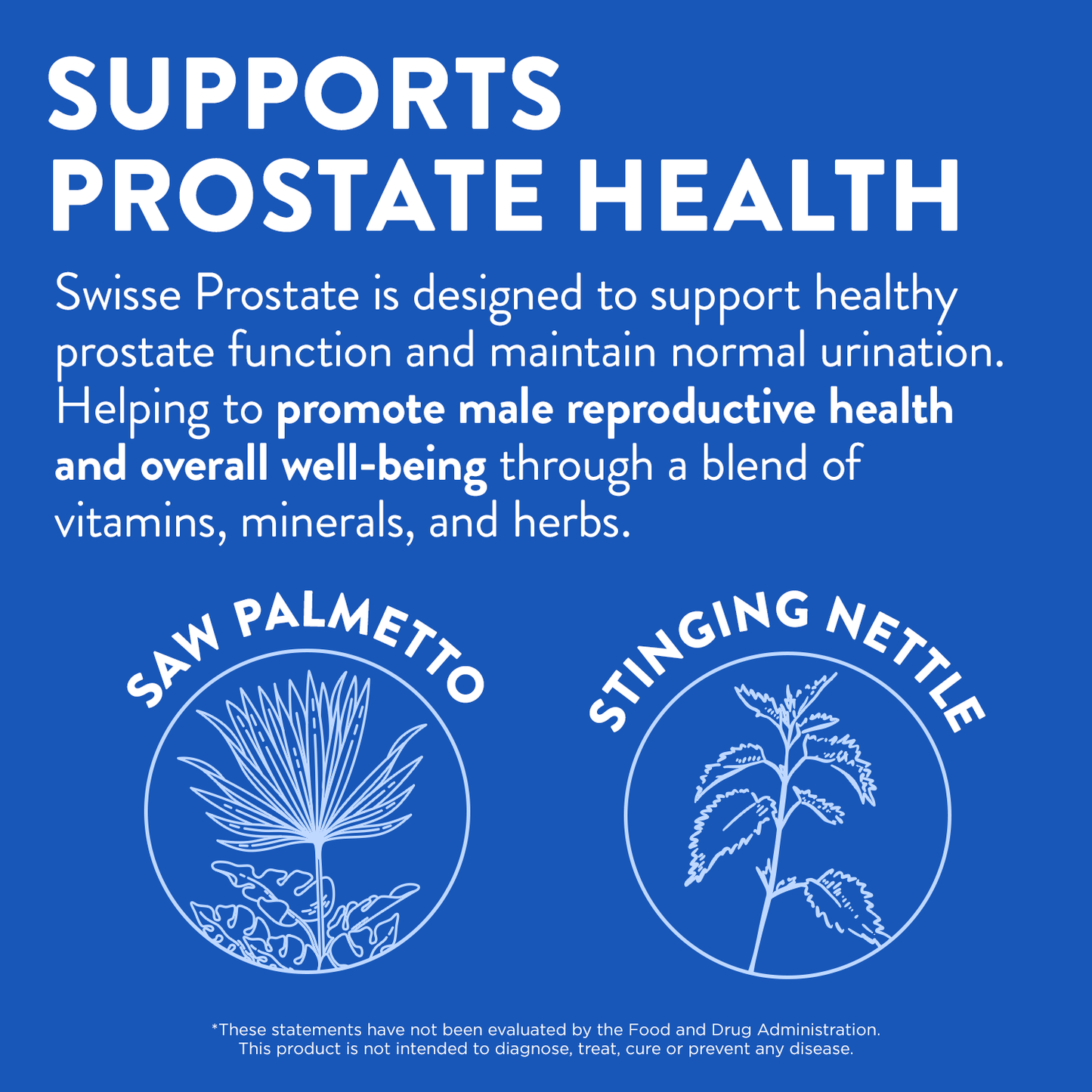 Swisse Prostate ingredients graphic featuring saw palmetto and stinging nettle.