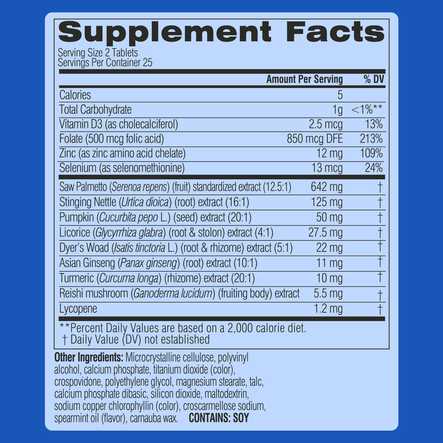 Supplement facts panel for Swisse Prostate.