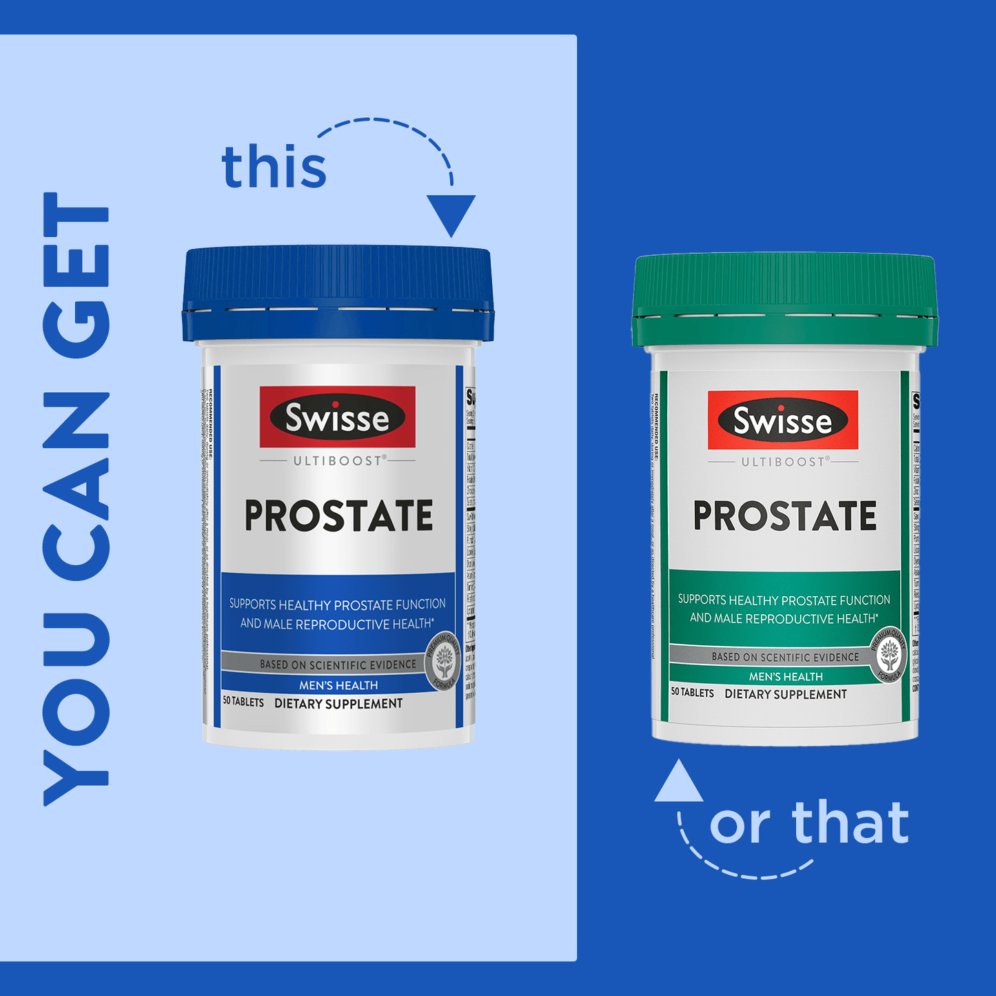 Two versions of Swisse Prostate bottle with text 'You can get this or that.