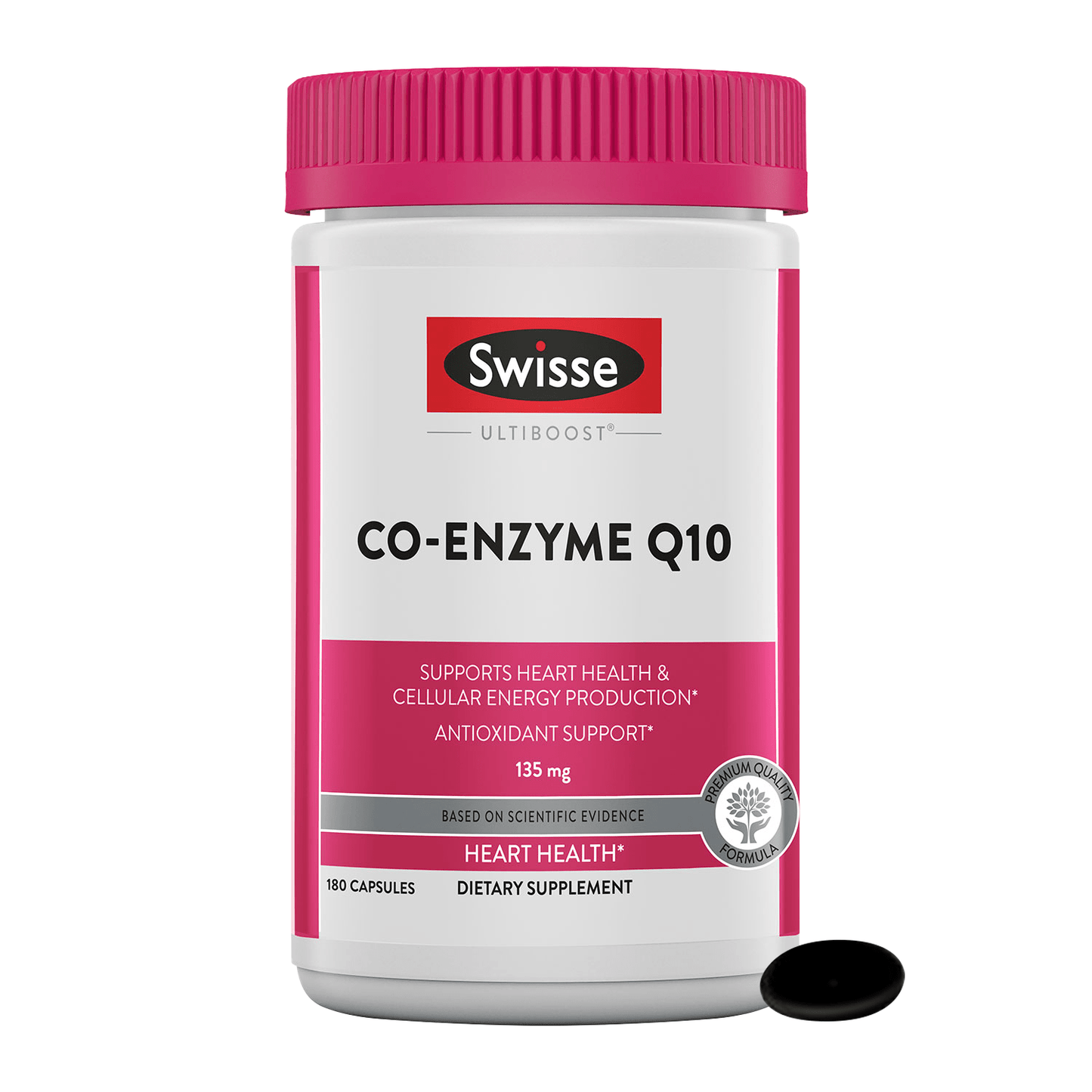 Swisse Co-Enzyme Q10 bottle with pink label and open black capsule.
