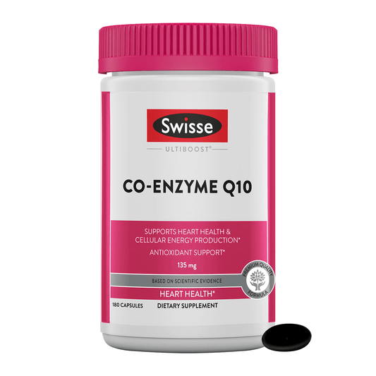 Swisse Co-Enzyme Q10 bottle with pink label and open black capsule.