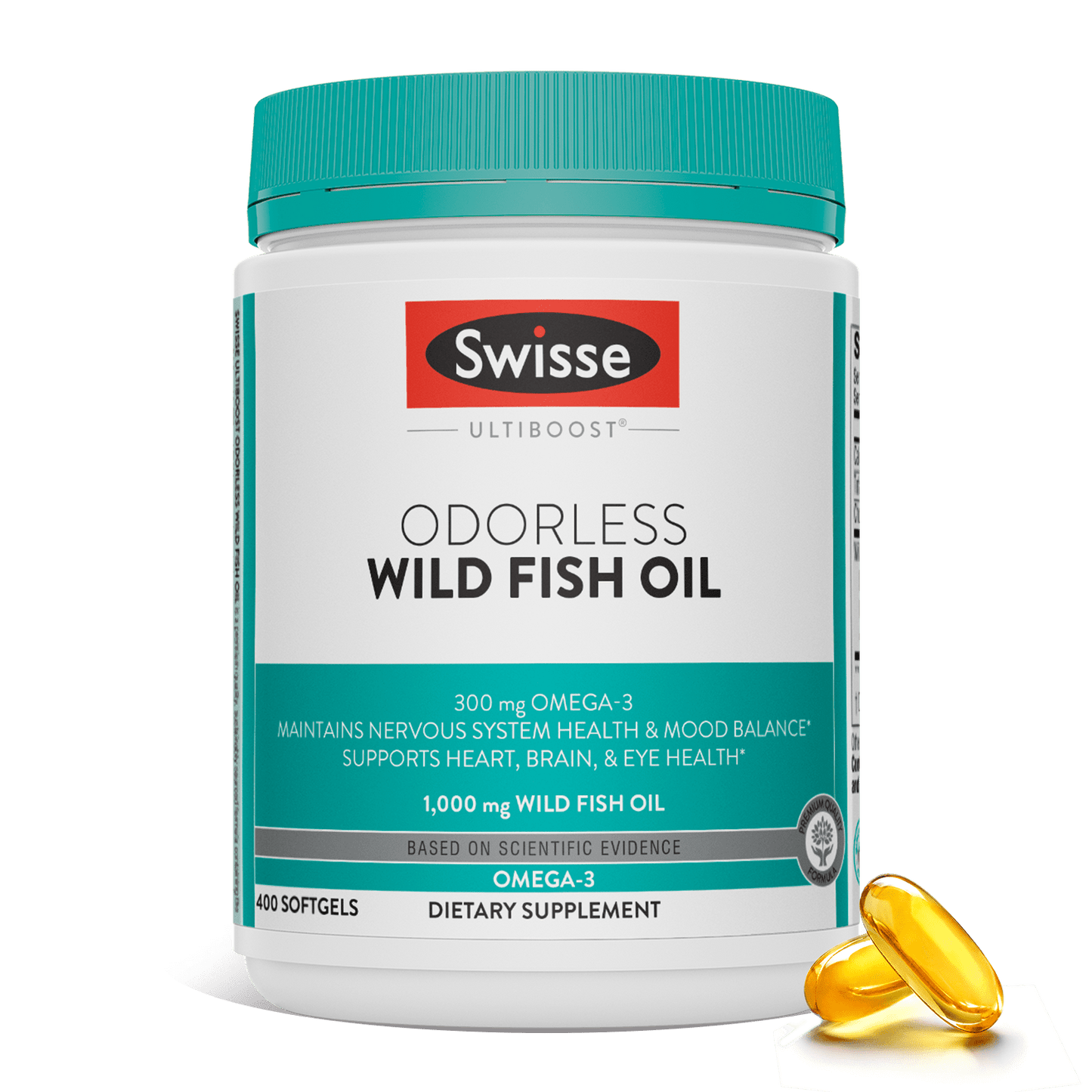 Swisse Odorless Wild Fish Oil bottle with teal label and softgel capsules beside it.