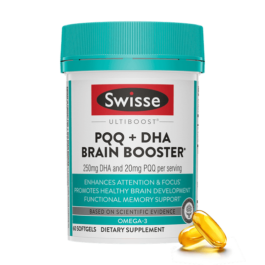 Swisse Ultiboost PQQ + DHA Brain Booster supplement container with two softgels on a white background