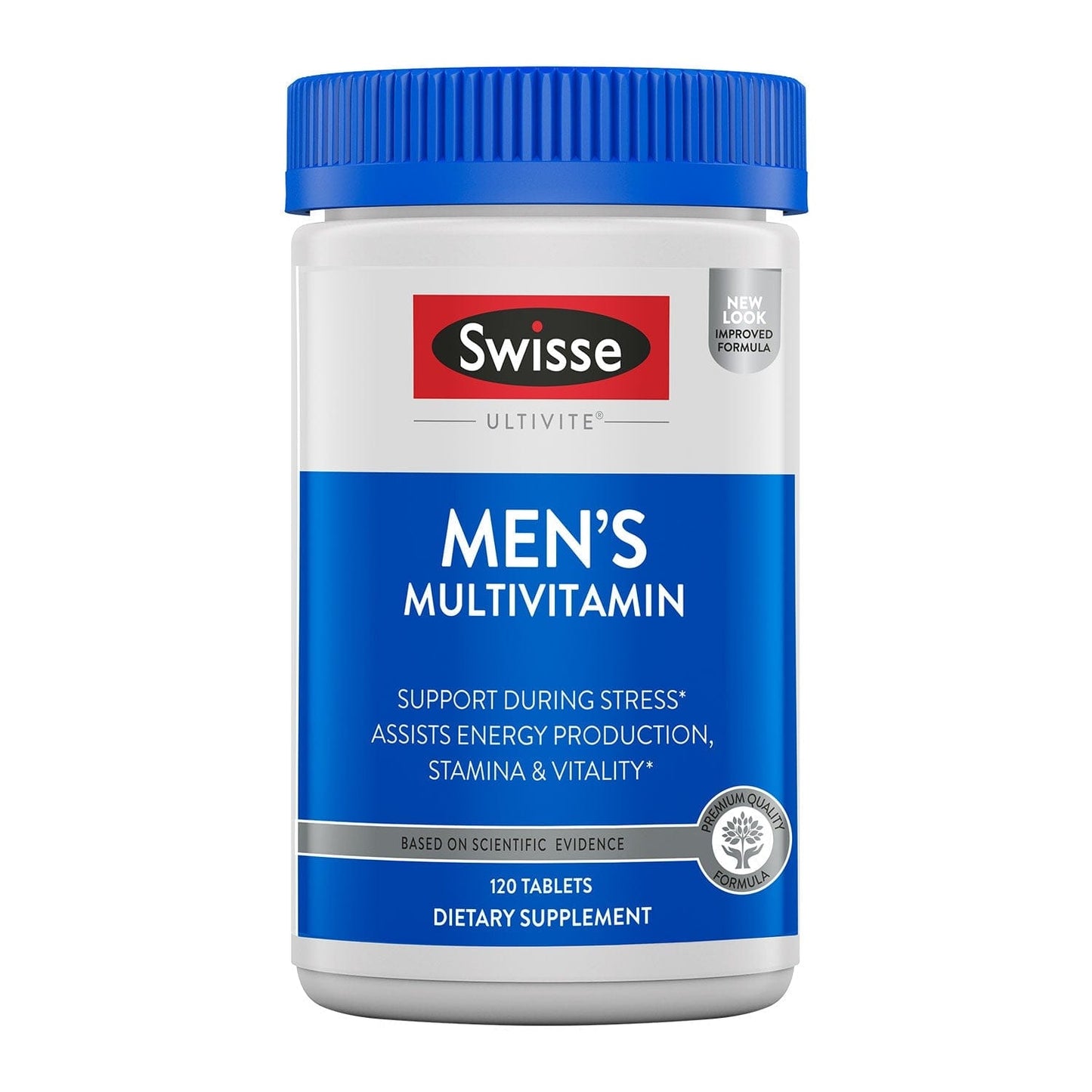 Swisse Men's Multivitamin bottle with blue label and gray cap.