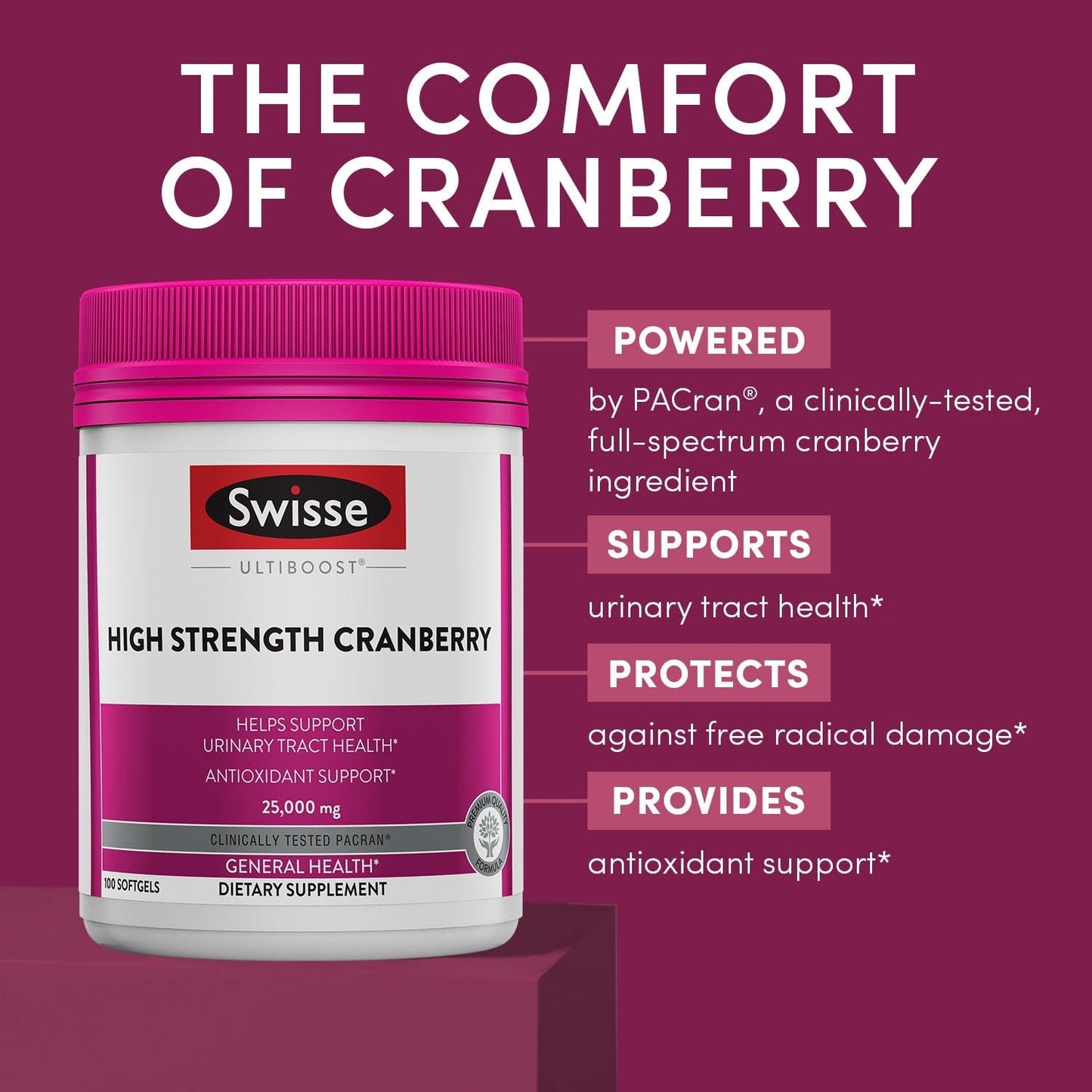Swisse High Strength Cranberry bottle with benefit claims including urinary tract support and antioxidant protection.