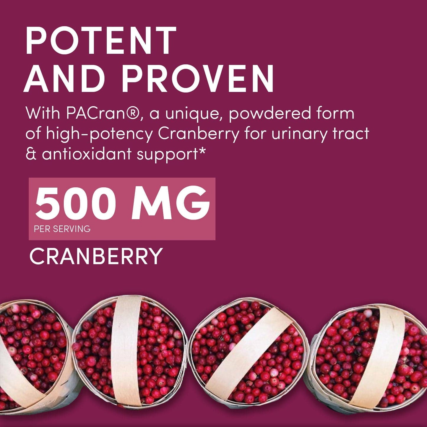 Cranberry benefit card showing 500 mg dosage and sliced cranberries.