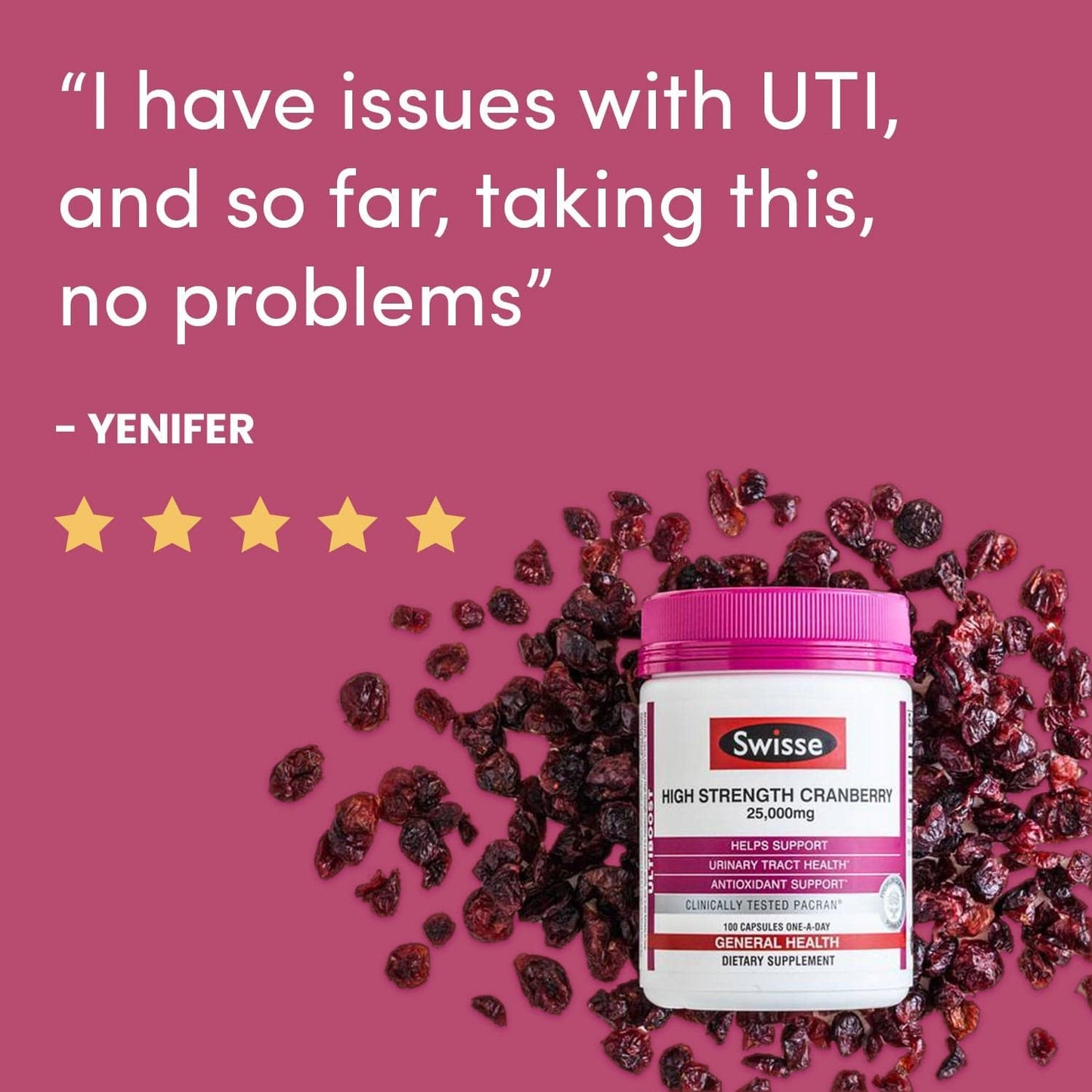 Customer review with five stars, quote about UTI relief, and dried cranberries around product.