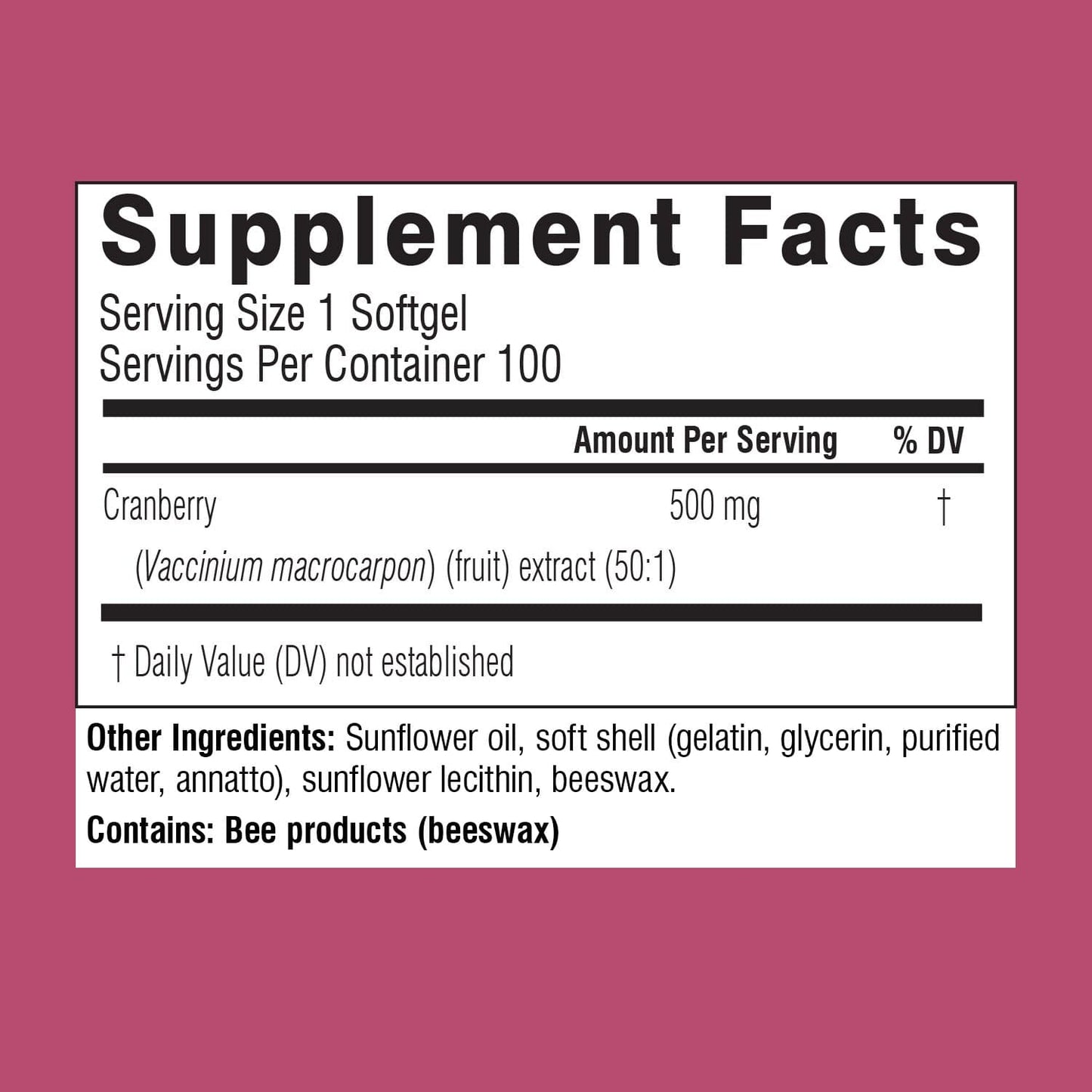 Supplement facts panel for Swisse High Strength Cranberry.