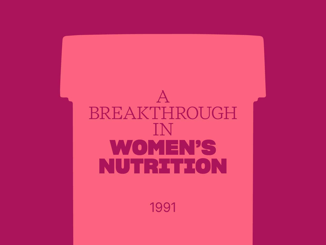 Pink container with text 'A Breakthrough in Women's Nutrition 1991' on a purple background