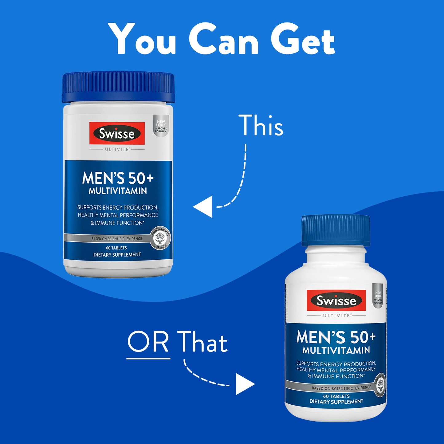 Two versions of Swisse Men's 50+ Multivitamin bottle with text 'You can get this or that.