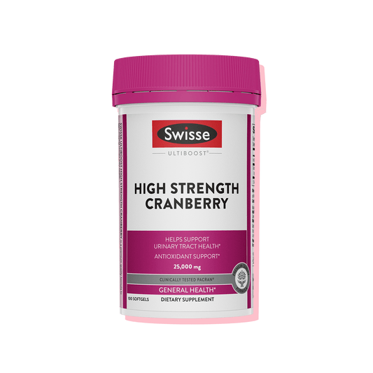Swisse High Strength Cranberry bottle with pink label and cap.