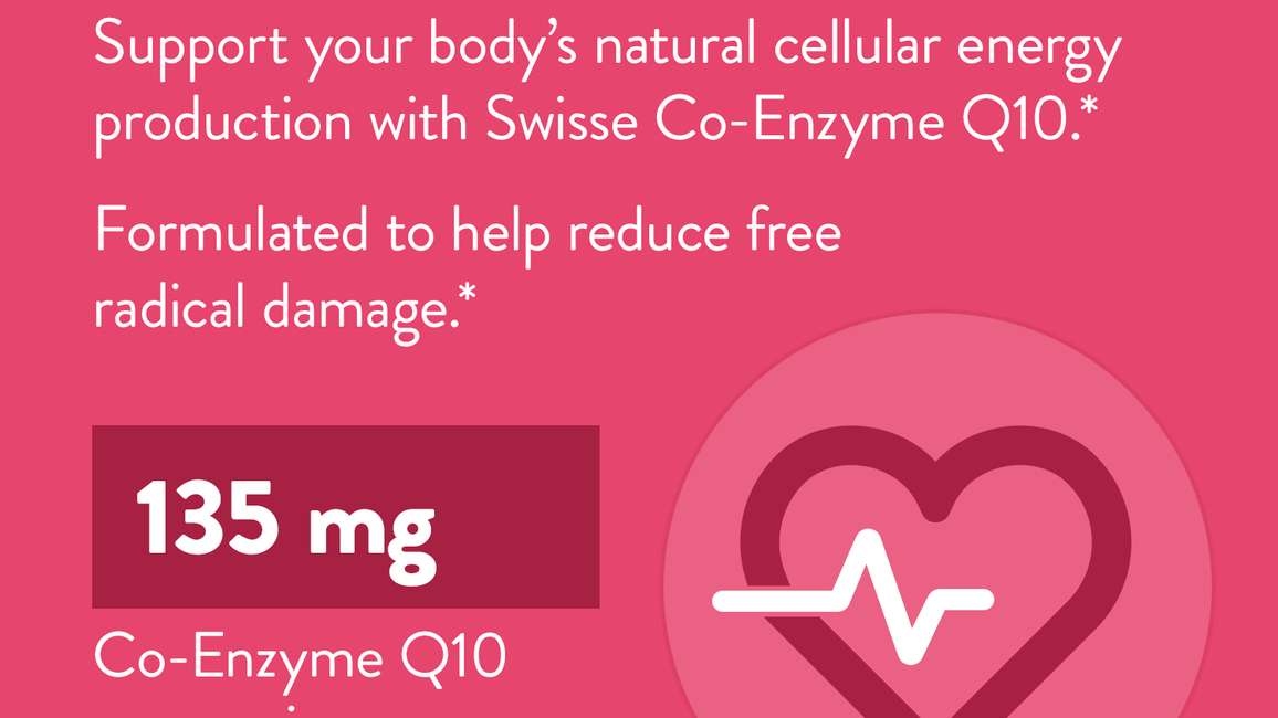 Swisse Co-Enzyme Q10 benefit card showing 135 mg per serving and heart icon.