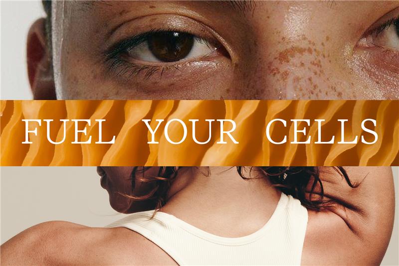 Split-image collage showing a close-up of a person's eyes at the top and a woman's bare shoulder and back at the bottom, with the words 'Fuel Your Cells' across a textured orange band in the center.