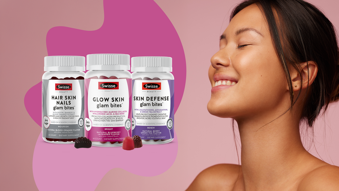 Smiling woman against a pink background with three Swisse Glam Bites bottles (Hair Skin Nails, Glow Skin, Skin Defense) and gummies shown in front.