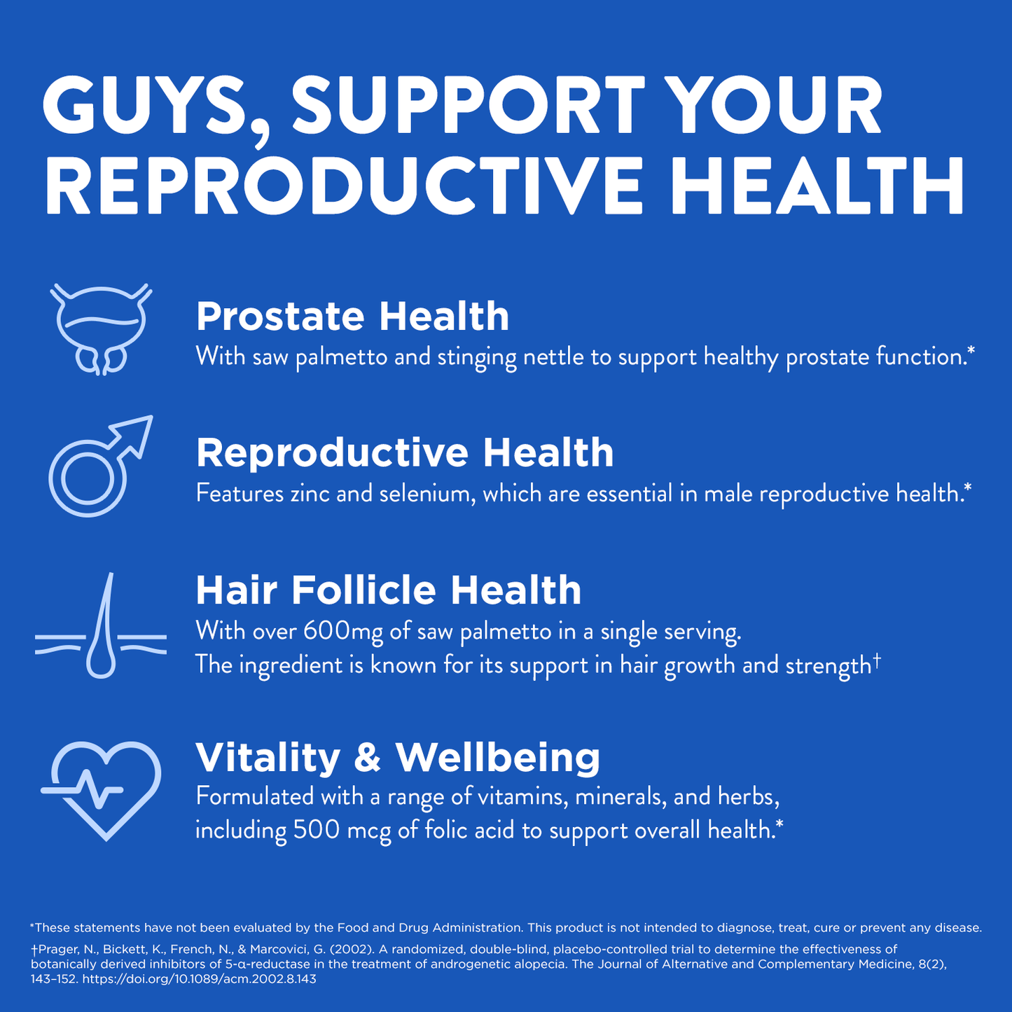 Swisse Prostate benefit card highlighting support for reproductive health, hair follicle health, and vitality.