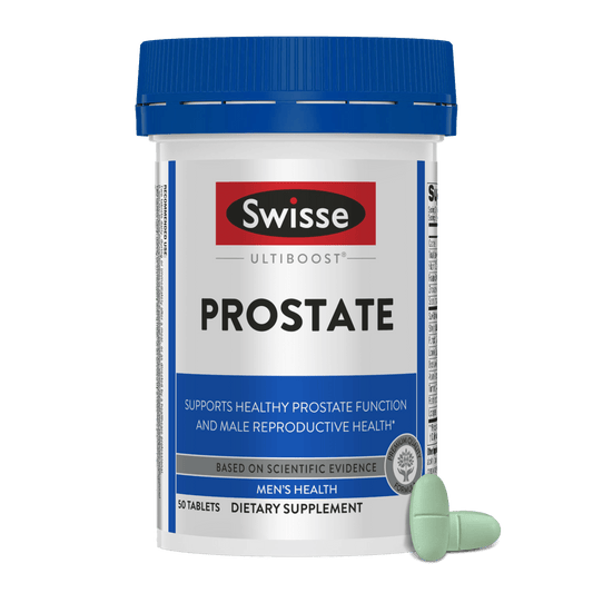 Swisse Ultiboost Prostate supplement container with a blue lid on a white background