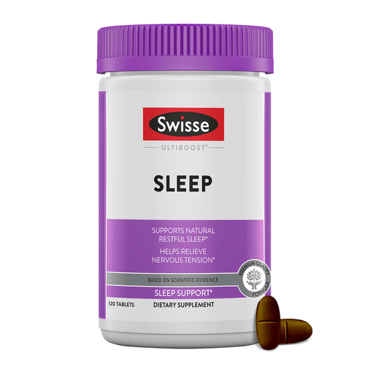 Swisse Ultiboost Sleep support supplement bottle with purple lid and label on a white background