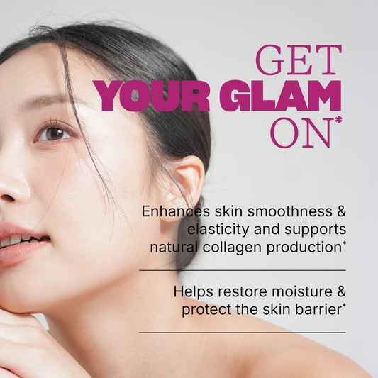 Close-up of a woman’s face with text reading ‘GET YOUR GLAM ON,’ ‘Enhances skin smoothness & elasticity and supports natural collagen production’ and ‘Helps restore moisture & protect the skin barrier’.