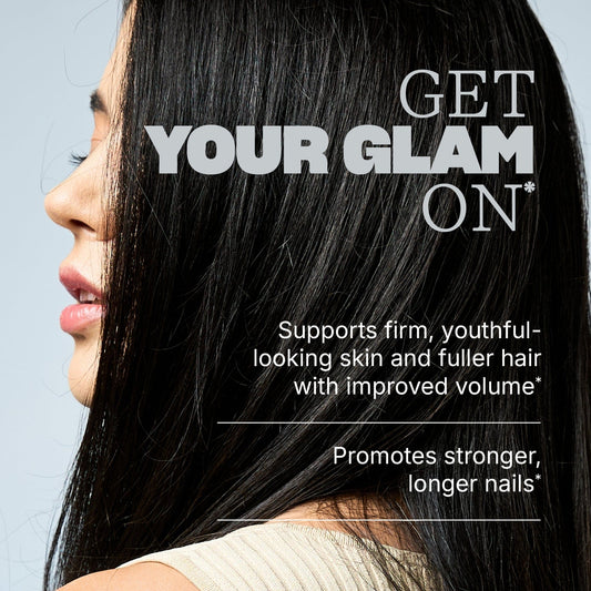 Side profile of a woman with long dark hair with text reading ‘GET YOUR GLAM ON,’ ‘Supports firm, youthful-looking skin and fuller hair with improved volume*’ and ‘Promotes stronger, longer nails’