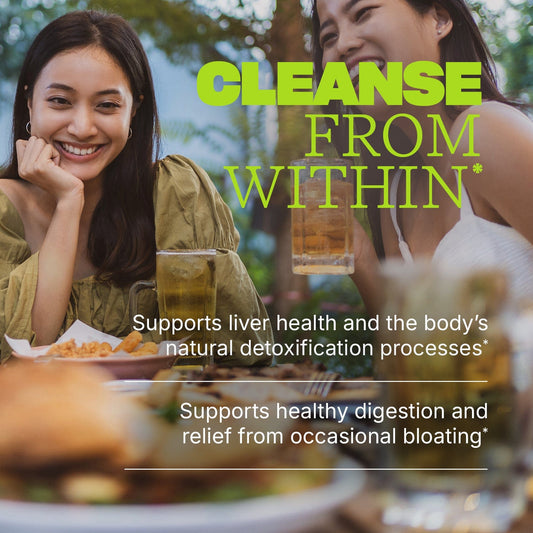 Two women at a table with text reading ‘Cleanse from within,’ plus benefits: ‘Supports liver health and the body’s natural detoxification processes’ and ‘Supports healthy digestion and relief from occasional bloating.’