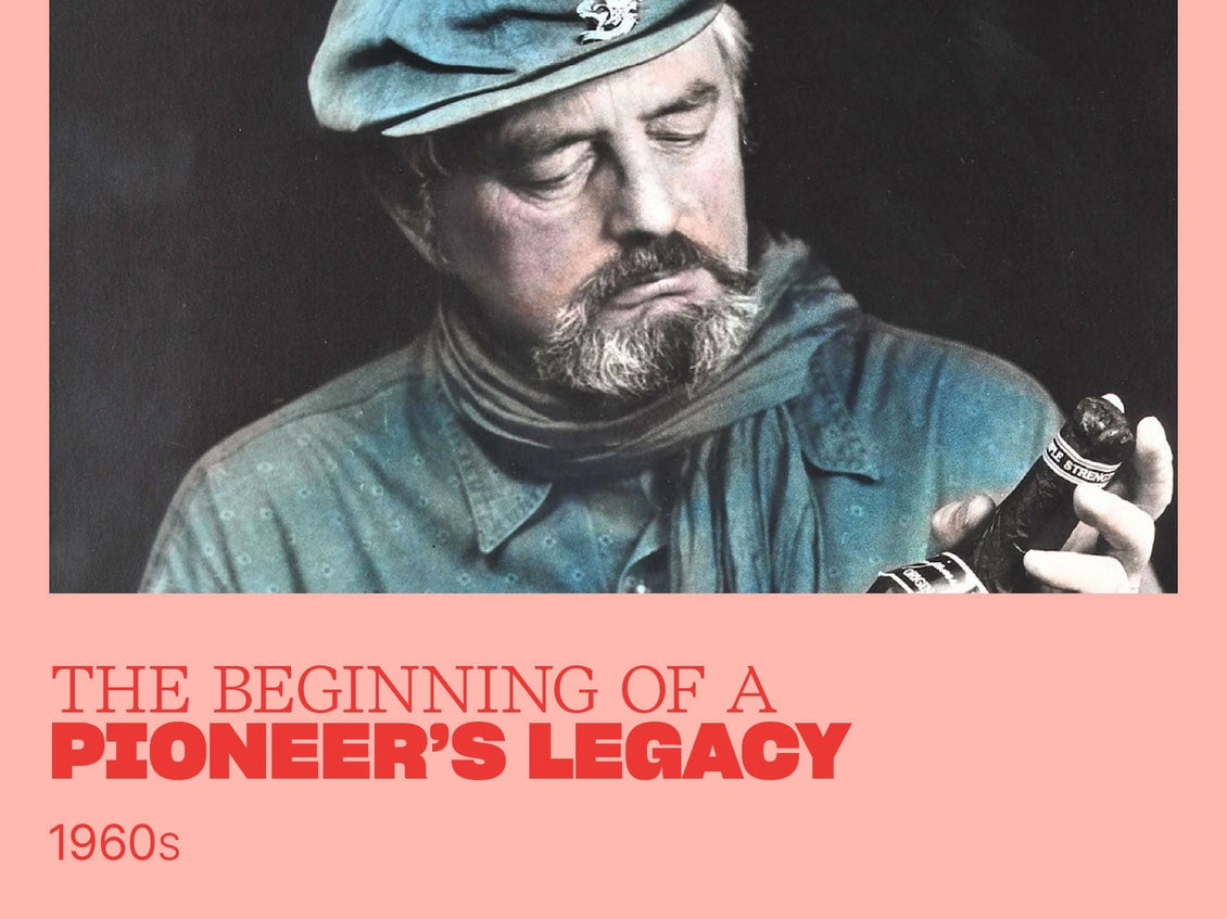 Man holding a bottle with text 'The Beginning of a Pioneer's Legacy 1960s' on a pink background