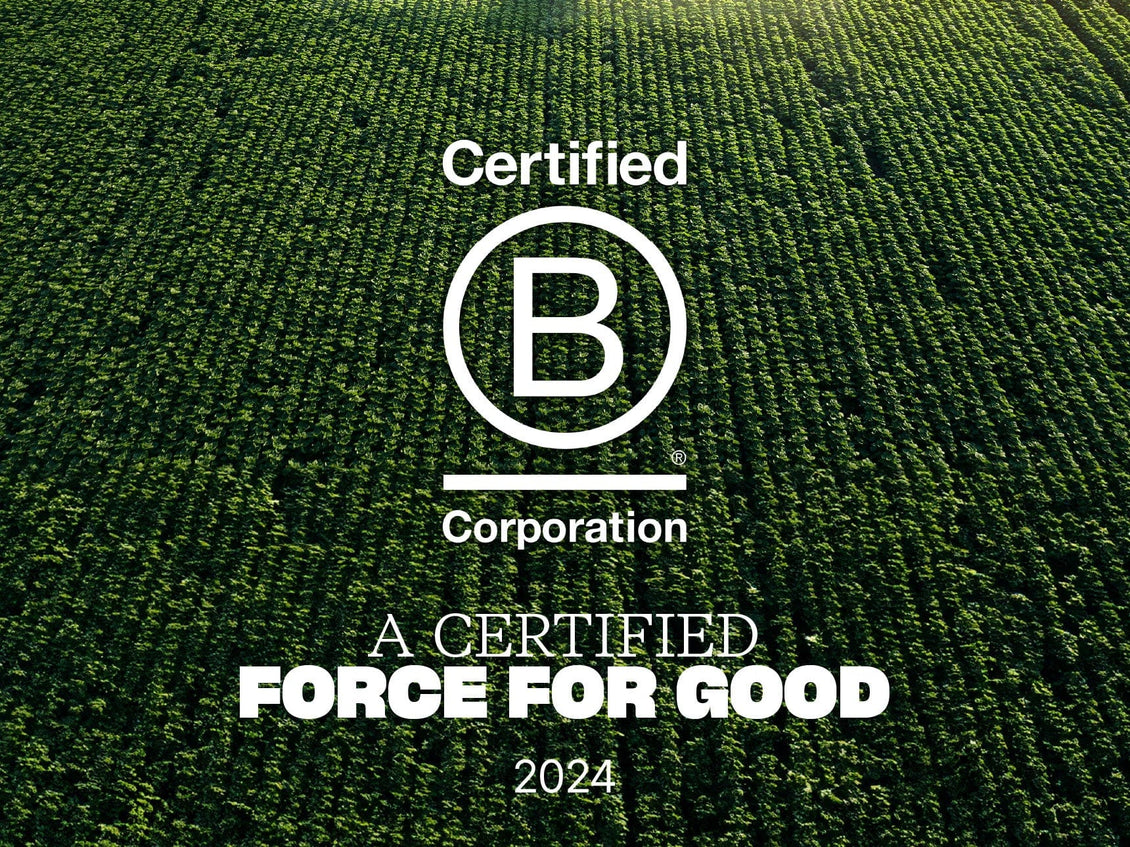 Certified B Corporation logo over a green field with 'A Certified Force for Good 2024' text.