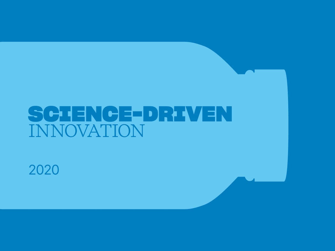 Blue bottle-shaped logo with 'Science-Driven Innovation 2020' text on a blue background