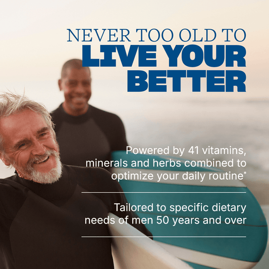 Two men holding surfboards at the beach with text reading ‘Never too old to live your better,’ plus benefits: ‘Powered by 41 vitamins, minerals and herbs combined to optimize your daily routine’ and ‘Tailored to specific dietary needs of men 50 years and over.’