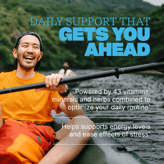 “Smiling man kayaking on a river with text reading ‘Daily support that gets you ahead,’ plus benefits: ‘Powered by 43 vitamins, minerals and herbs combined to optimize your daily routine’ and ‘Helps support energy levels and ease effects of stress.’