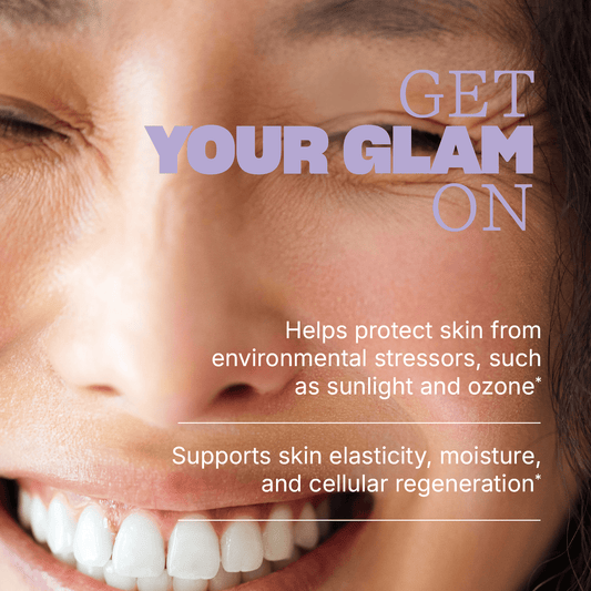 Close-up of a smiling face with text reading ‘GET YOUR GLAM ON,’ ‘Helps protect skin from environmental stressors, such as sunlight and ozone*’ and ‘Supports skin elasticity, moisture, and cellular regeneration’.