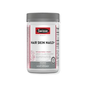 Swisse supplement container for Hair Skin Nails on a white background