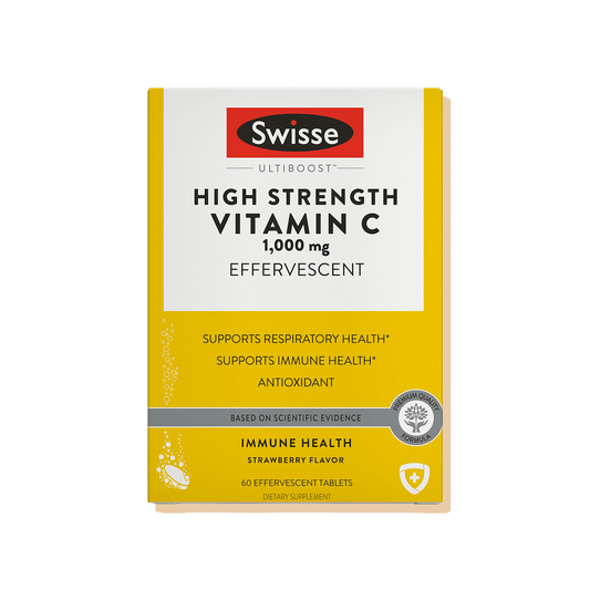 Swisse High Strength Vitamin C supplement packaging on a white background